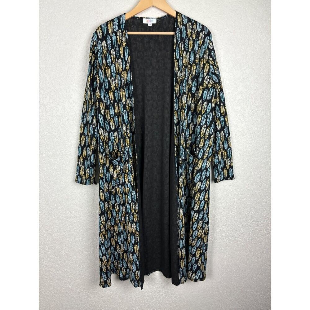 LuLaRoe Feather Print Long Line Cardigan Womens Medium Open‎ Front Duster Boho